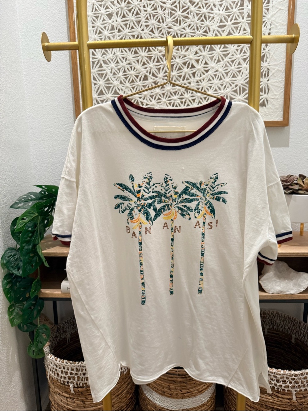 aerie White Palm Tree Graphic Tee with Navy & Maroon Trim